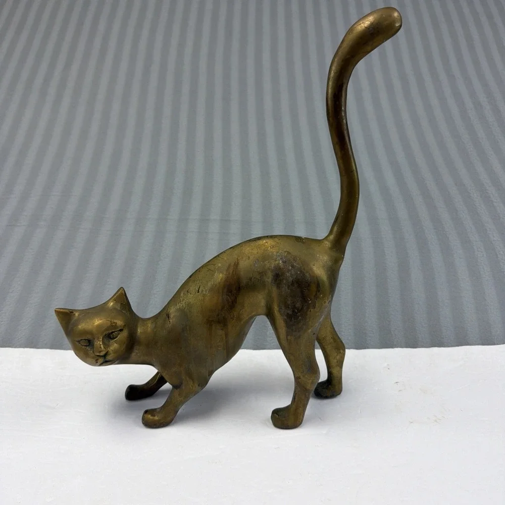 Vintage Brass Cat Figurine MCM Large Siamese Cat Patina Antique